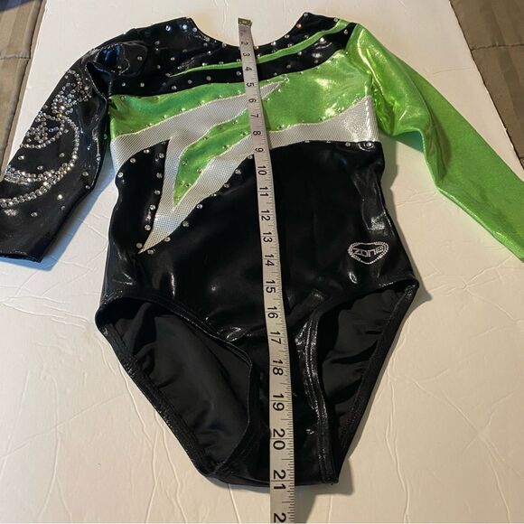 Ozone gymnastics green foil competition 3/4 sleeve custom leotard rhinestone YL - Picture 10 of 11